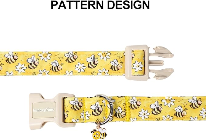 Lionet Paws Spring Dog Collar- Cute Bees Yellow Dogs Collar with Plastic Buckle and Bee Pendant,Dog Collar for Medium Large Dogs