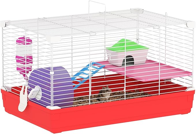 PawHut 18.5" Hamster Cage with Exercise Wheel and Water Bottle, Dish, Rat House and Habitat 2-Story Design, Red