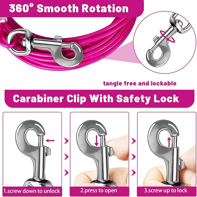 Dog Tie Out Cable 10/15/20/25/30/50 FT Dog Runner for Yard Steel Wire Dog Cable with Durable Superior Clips Pink Dog Chains for Outside Dog Lead for Large Dogs Up to 165 lbs