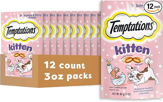 Temptations Kitten Treats Classic Crunchy and Soft Cat Treats, Dairy Flavor, 3 oz. Pouch (Pack of 12)