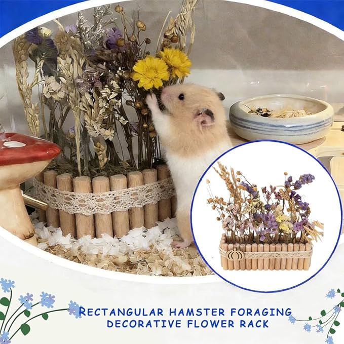Hamster Natural Wood Flower Foraging Holder, Interactive Feeding Stand Habitat Accessories for Small Pets Hamsters Guinea Pigs Dwarf Gerbils (Yellow, 5x18cm)