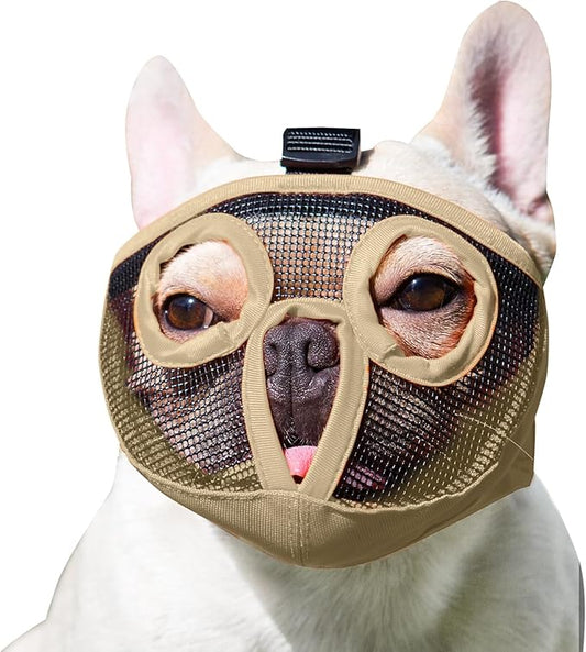 Short Snout Dog Muzzles- Adjustable Breathable Mesh Bulldog Muzzle for Biting Chewing Licking Training Grooming Dog Mask (Khaki, Large/15-25")