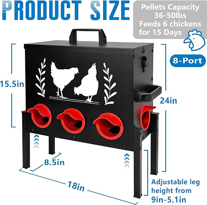 No Waste Automatic Chicken Feeder (50 LB), Rodent Resistant Metal Poultry Feeder with Locking Lid, Adjustable Stand & 8 Ports, Heavy Duty Weatherproof Feed Box for Hens, Ducks