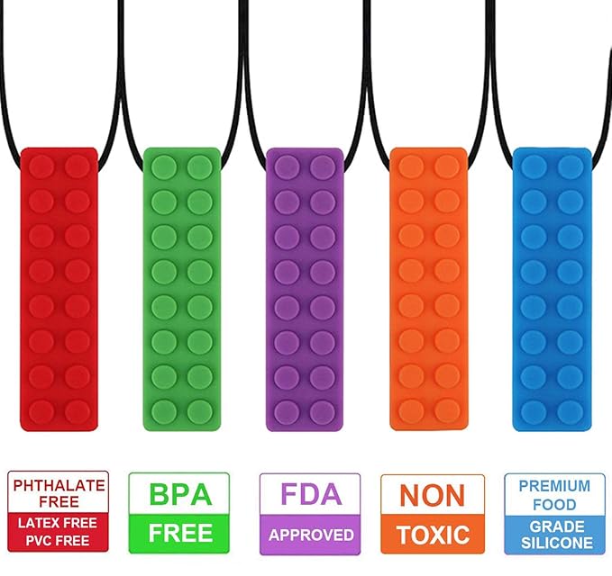 Sensory Chew Necklaces, 5 Pack Bundle Colorful Chew Necklaces for Sensory Kids, Perfectly Textured Silicone Chew Toys for ADHD, Autism, Biting, Needs, Oral Motor, BPA Free
