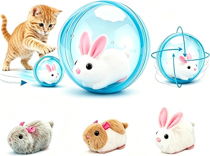 2026 New Self-Rolling Interactive Cat Ball Realistic Animal Automatic Moving Rolling Cat Ball 360° Rolling Spin Moving Cat Ball Fun Indoor Interactive Pet Ball for Cats Dogs Chasing(Blue,Rabbit)