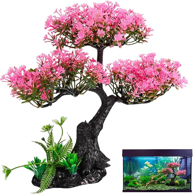 Aquarium Decor Artificial Plants Tree Set: 11.4 Inch Plastic Plants for 10-50 Gallon Fish Tank Decoration Pink Simulation Aquarium Tree Betta Fish Bowl Ornaments Home Office Decor