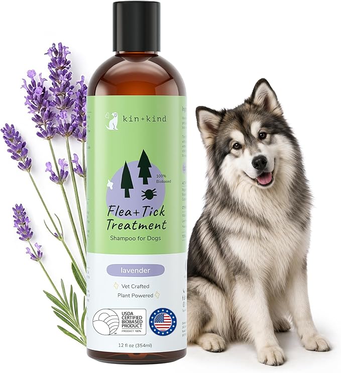 kin+kind Dog Shampoo Flea and Tick Vet Formulated - Natural Flea and Tick Prevention for Dogs - Plant Powered Shampoo w/Coconut & Olive Oil - Dog Supplies - Lavender Scent - Made in USA 12 fl oz