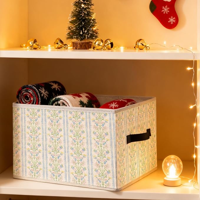 Grandmillenial Striped Floral Storage Bins, French Country Pastel Floral Foldable Closet Organizers Storage Basket Toybox for Clothes Bed Sheets Blankets Toys