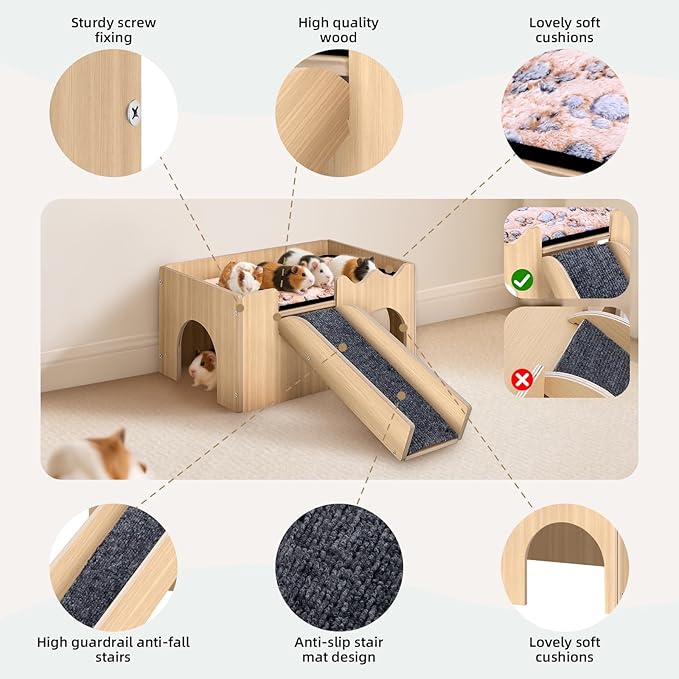 Extra Large Guinea Pig Hideout Castle, Natural Chew Proof Wooden Small Animal House with Anti-Slip Stairs & Mat, 2-Story Detachable Habitat, Easy to Assemble for Guinea Pigs, Rabbits, Hamsters