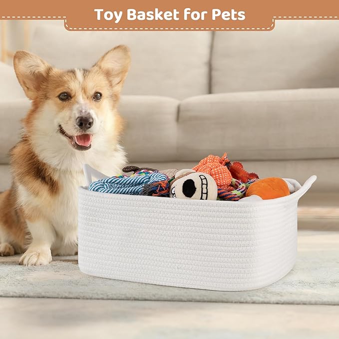 OIASKET Empty Gift Baskets for Baby Shower, 15.4"L x 11.4"W x 6.7"H Cute Woven Storage Basket with Gift Bags and Ribbons, Small Rope Toy Basket with Handles, Cat Dog Pet Toy Organizer - Small White