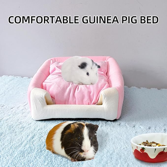Guinea Pig Bed,Fleece Bunny Hideout House,Warm Rabbit Sleeping Bed with Pee Pad,Winter Large Hiding Hut for Hamster Ferret Rat Chinchilla Hedgehogs,Pink