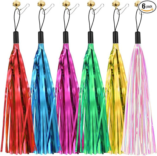 6 Pcs Cat Ribbon Toy, 9 Inches Cat Teaser Wand Toy Replacement with Bell Metallic Foil Tassel Interactive Wand Toys for Indoor Cats Kitten Chase Exercise (Multi Colored)