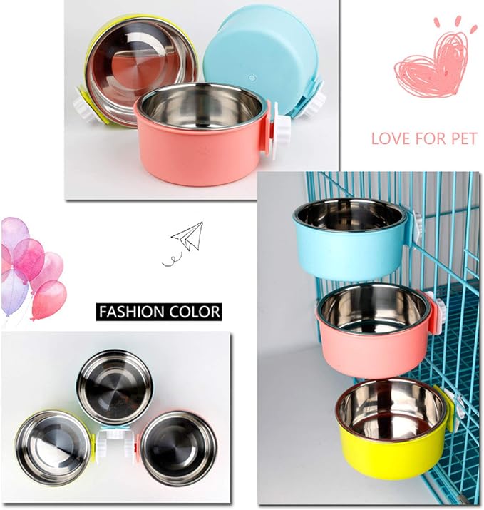 Crate Dog Bowl, Water Food Bowls for Dog Kennel Cage, Removable Stainless Steel Hanging Pet Bowl for Dogs, Cats, Puppies (Small, Grass Blue)