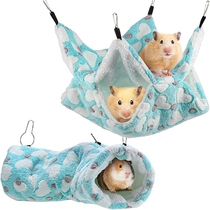 Double Hammock Hanging Tunnel for Ferret Bed and Cage Accessories, Rat Cage Hammock, Sugar Glider Toys(Green,Heart)