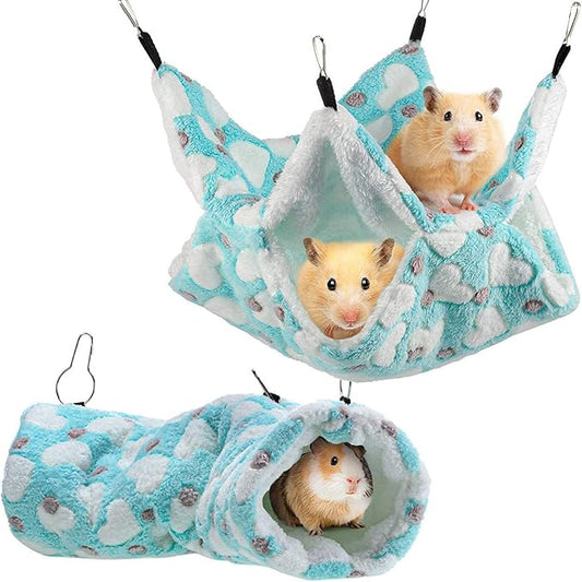 Double Hammock Hanging Tunnel for Ferret Bed and Cage Accessories, Rat Cage Hammock, Sugar Glider Toys(Green,Heart)