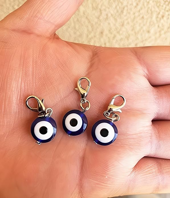 Evil Eye Charm Pendants Blue White Resin Alloy Clip-On Tiny DIY Bracelet Necklace Keychain Pet Collar (3 Pcs)