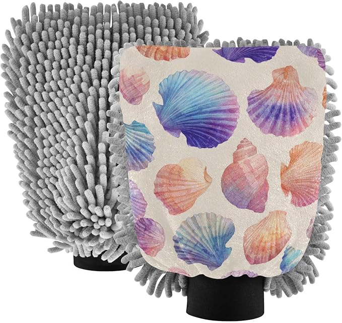 Car Wash Mitt Microfiber Wash Mitts for Car Washing Scratch-Free Cleaning Gloves Soft Non Absorbent Chenille Auto Hand Mitt Large 2Pack Beach Seashells