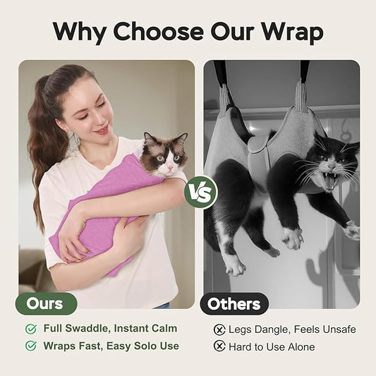 Cat Wrap for Cutting Nails, Self-Adhesive Cat Nail Clipping Restraint Bag, Anti-Scratch Cat Grooming Swaddle for Meds, SubQ Fluids, Ear Cleaning, Teeth Brushing & Vet Visits,Pinkish Purple,M