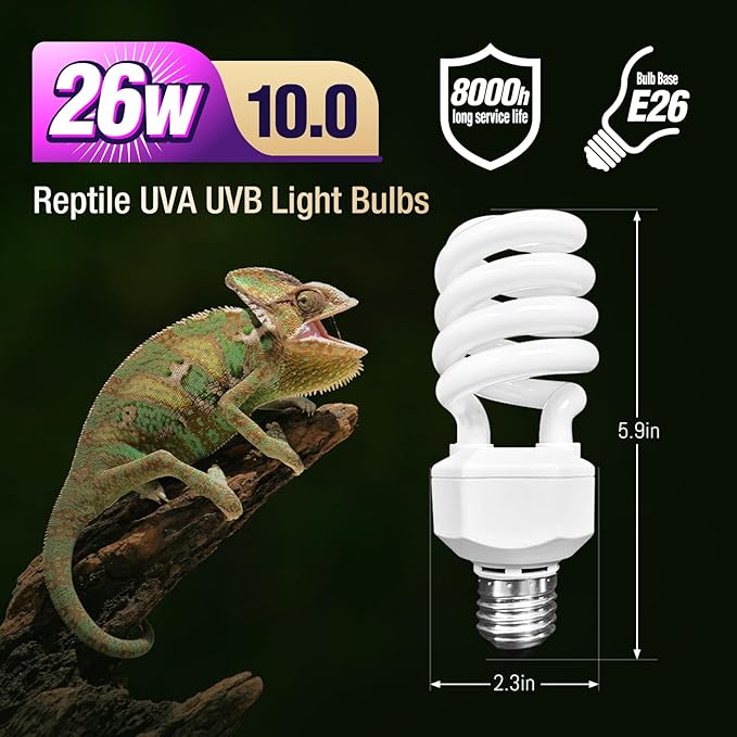 Leoterra Reptile UVB Light Bulb 26W 10.0, High Intensity UVB Light for Bearded Dragon, Veiled Chameleons & Adult Red-Eared Sliders in Large Terrarium, Powerful UVA UVB for Reptile