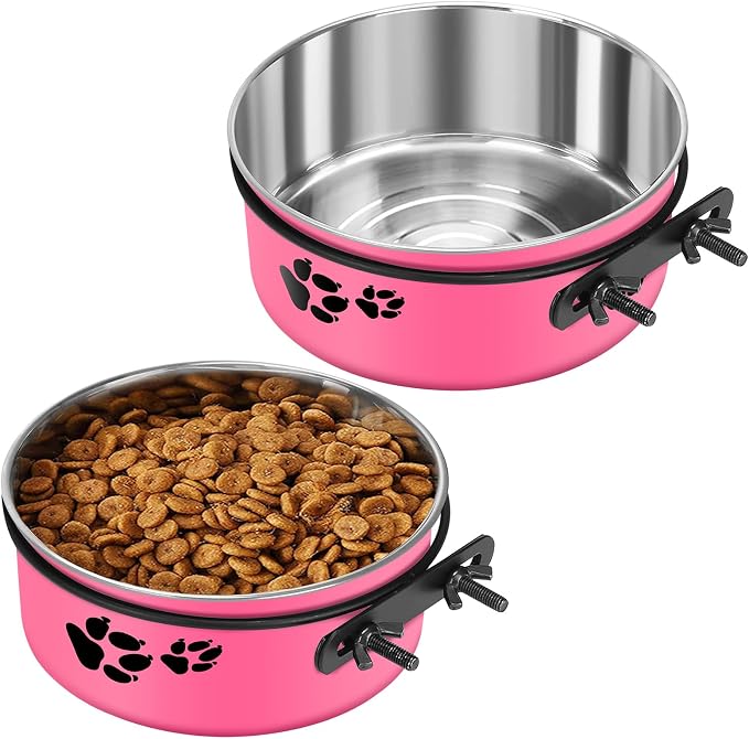 Pink Kennel Bowls Mountable Stainless Steel Crate Bowls No Spill Hanging Kennel Water Bowl with Clamp Holder 2 Sizes 7.08x2.83’’,6.3x2.63’ Hot Pink