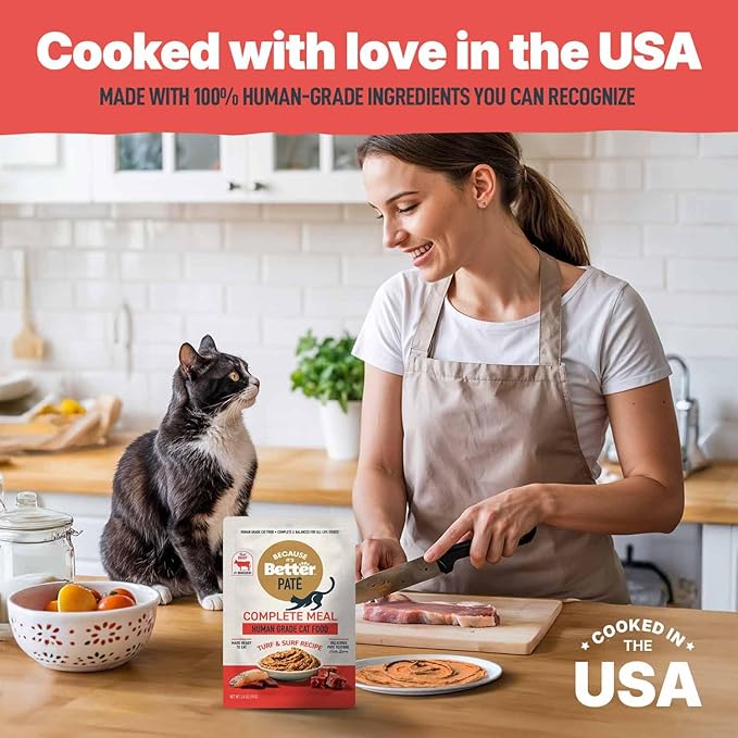 Because It’s Better Pate Complete Meal - Wet Cat Food - Turf & Surf Recipe - Organic, Balanced, Smooth Pate Texture, Human-Grade Ingredients, Grain Free, 2.6 oz Pouches (12 Count)