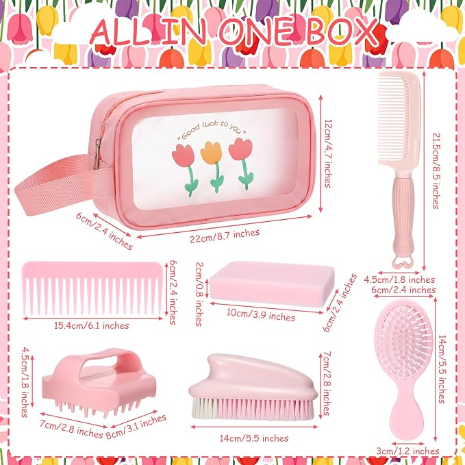 7 Pcs Hobby Horse Grooming Kit Pony Accessories Care Set with Storage Bag Brushes Combs & High-Density Sponge for Plush & Long Mane Care - Pink Nordic Style