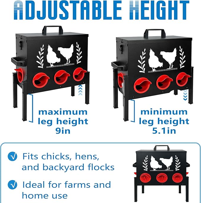 No Waste Automatic Chicken Feeder (50 LB), Rodent Resistant Metal Poultry Feeder with Locking Lid, Adjustable Stand & 8 Ports, Heavy Duty Weatherproof Feed Box for Hens, Ducks
