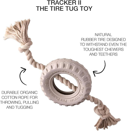 Pet Passion Natural Rubber Tire and Organic Cotton Rope Pull and Chew Dog Toy for All Pet Breeds, Almond Milk, Medium