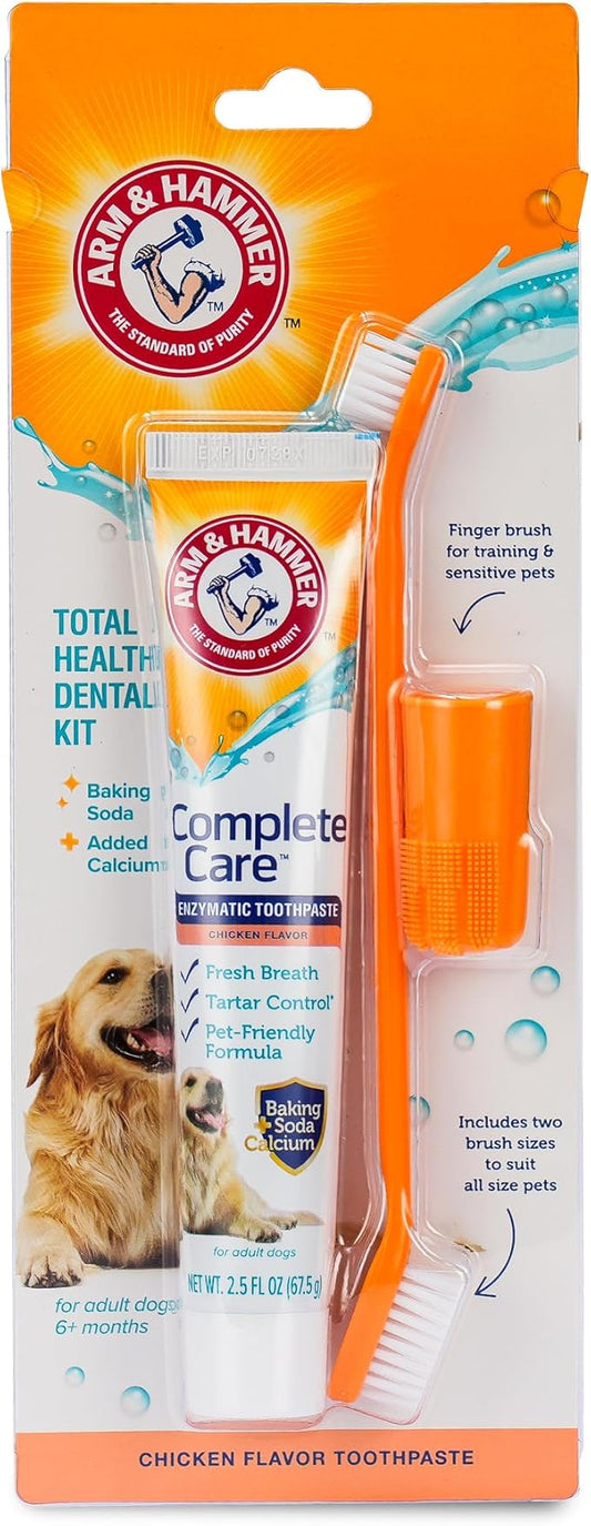 ARM & HAMMER Dog Dental Kit - Enzymatic Dog Toothpaste 2.5 oz Chicken Flavor - Dog Toothbrush & Finger Brush - Tartar & Gum Cleaning with Baking Soda Enhanced Formula - Complete Dental Care for Dogs