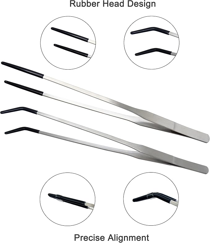 2 PCS Long 10.6" Stainless Steel Reptile Feeding Tongs with Rubber Tip, Straight & Curved Tweezers for Aquariums & Crafts, Feeder Tools for Bearded Dragon, Lizards Snake, Terrarium Supplies (Silver)
