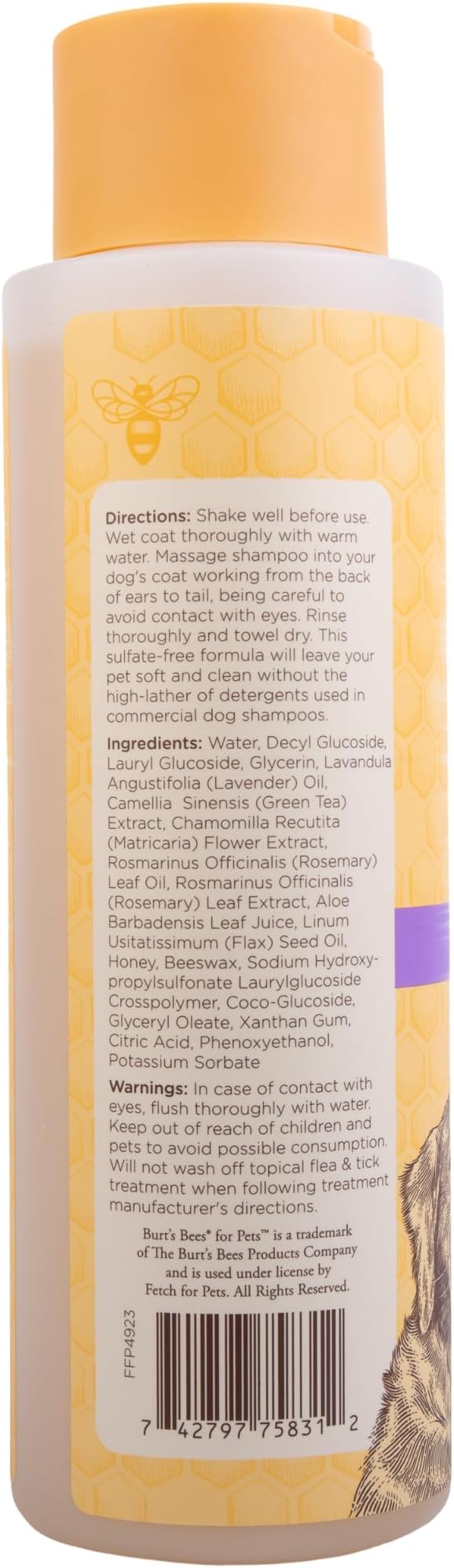 Burt's Bees for Pets Calming Dog Shampoo with Lavender and Green Tea, 95% Natural Origin, pH Balanced, No Sulfates, Soothing Lavender Scent, for All Dog Breeds, 16 Fl Oz