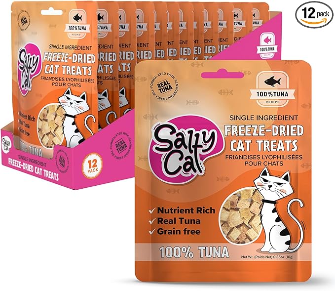 Salty Cat Freeze Dried Cat Treats, 100% Real Tuna Freeze Dried Cat Food for Freshness, Single Ingredient & Grain Free Kitten Treats, Nutrient Rich, 10g (12 Pack)