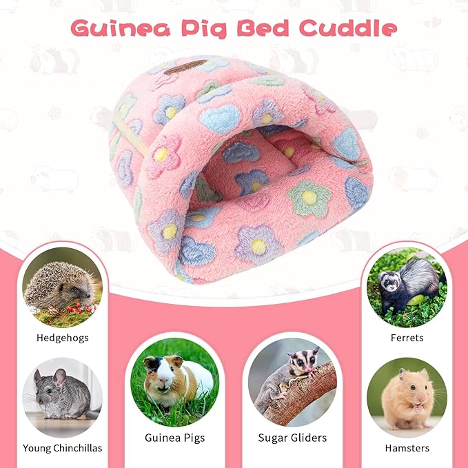 YUEPET Guinea Pig Bed Cuddle Cave Warm Fleece Cozy House Bedding Sleeping Cushion Cage Nest for Small Animal Squirrel Chinchilla Hedgehog Cage Accessories(Pink Flower