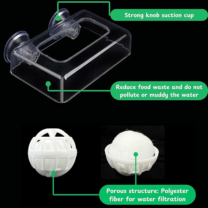 Acrylic Fish Feeding Box Ring for Turtle with Filter Ball Set, Fish Feeder Ring and Nitrifying Ball, Betta Feeding Floating, Turtle Enrichment Toys, Floating Betta Food Holder (Clear, L)