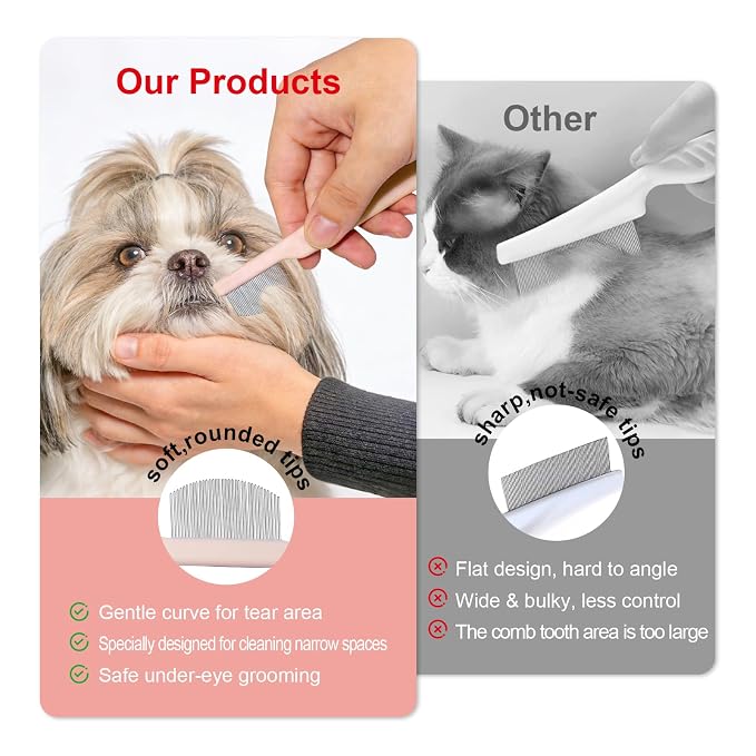 Pet Eye Comb for Small Dogs Cats Hamsters, Tear Stain Remover Grooming Brush, Gentle Face Paw Coat Cleaning, Handheld Design for Yorkie Shih Tzu Maltese Teddy Mini Poodle, Puppy Essentials