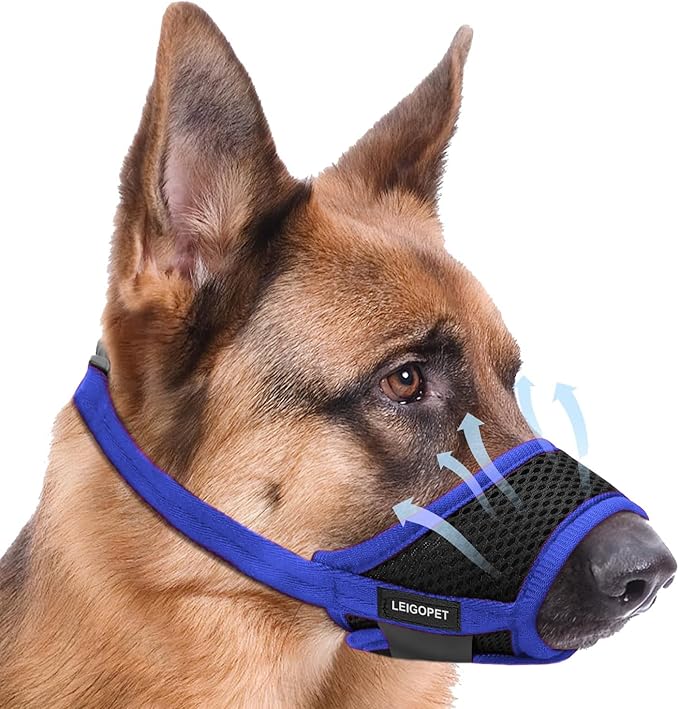 Dog Muzzle, Soft Mesh Nylon Design with Adjustable Neck Strap, Allows Panting and Drinking, for Grooming, Walks, and Scavenging Prevention - Blue, Large