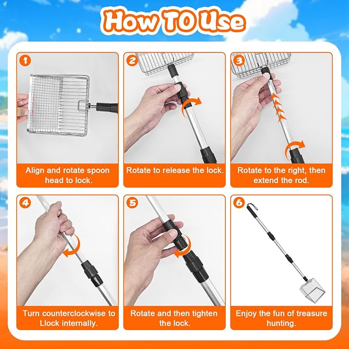 2 x Beach Sand Sifter,Metal Beach Shovel Set, with 2 Seashell Bags,Stainless Steel Sand Scoop with Adjustable Handle,Portable Tool for Shell & Shark Teeth Collecting,Kids Adults Outdoor Beach Supplies