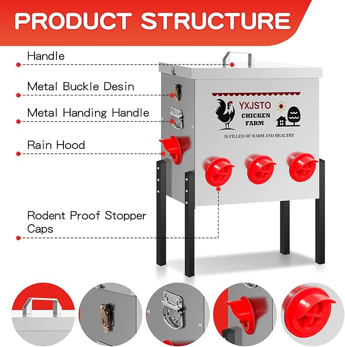 50LB Automatic Chicken Feeder with 8 Ports, Heavy Duty Metal No-Waste Poultry Feeder, Rustproof & Weatherproof Design with Adjustable Legs & Locking Lid