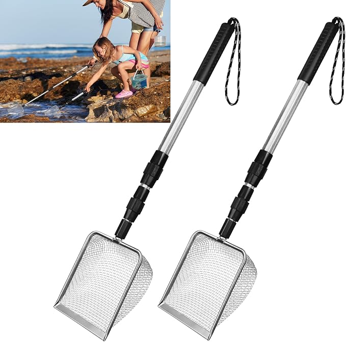 2 PCS Beach Mesh Shovel Sand Sifters, Enlarged Shark Tooth Sifter | [50% Larger Size] Extendable Handle Superior Quality for Summer Shell Collecting, Filter Sand Scooper Tools for Kids Adults
