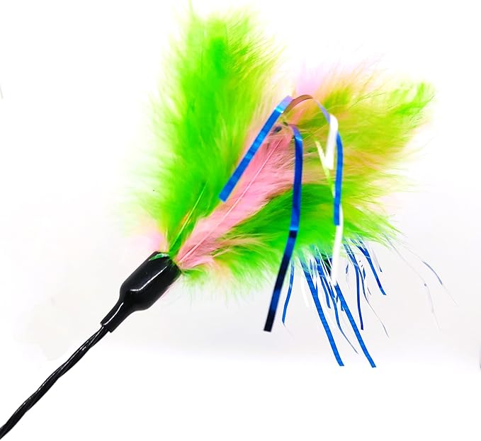 Kats'N Us 18 Inch Wand with Feathers Teaser Cat Toy - Green, Hunting Instinct Play, Flexible Acrylic Handle, Interactive Exercise Attachment for Indoor Cats