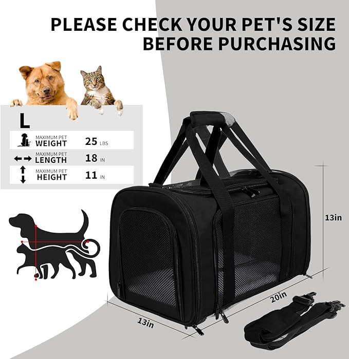 Carriers Soft-Sided Pet Carrier for Cats Dogs Under 15 lbs,TSA Airline Approved with 4 Ventilated Windows(Medium,Black)