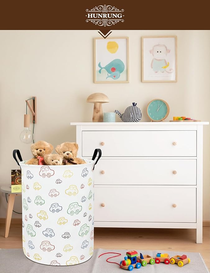 Collapsible Fabric Storage Basket, Waterproof Laundry Hamper with Handles, Round Storage Bin for Clothes Toys, Foldable Organizer for Bedroom Nursery Bathroom(Round-Colorful Car)