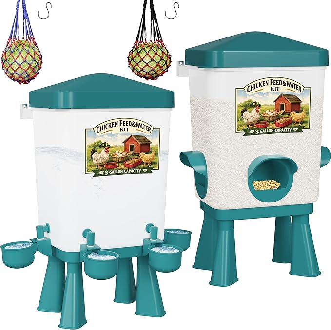 Erinaik Chicken Feeder and Waterer Set, 3 Gallon/16 LB Automatic Poultry Feeding System with Hanging Option, No Waste Feeder Ports & Water Cups, BPA-Free, Ideal for Hens Ducks and Poultry (BLUE2)