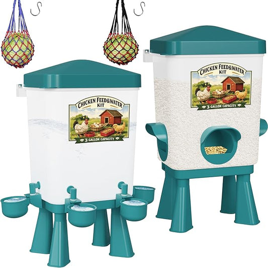 Erinaik Chicken Feeder and Waterer Set, 3 Gallon/16 LB Automatic Poultry Feeding System with Hanging Option, No Waste Feeder Ports & Water Cups, BPA-Free, Ideal for Hens Ducks and Poultry (BLUE2)