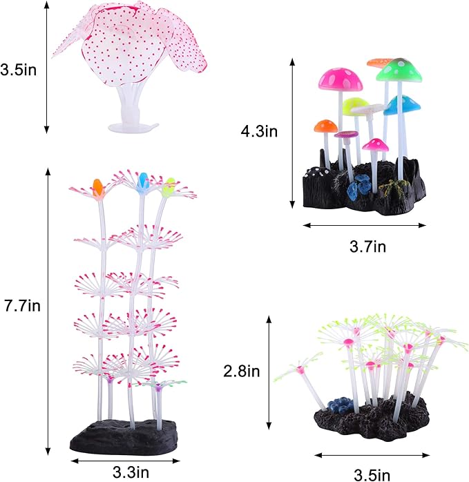 4 Pack Aquarium Fish Tank Decorations: Coral, Mushroom, Anemone, Plants Kit - Glowing Fish Tank Decorations for Small and Large Aquarium Decor Accessories