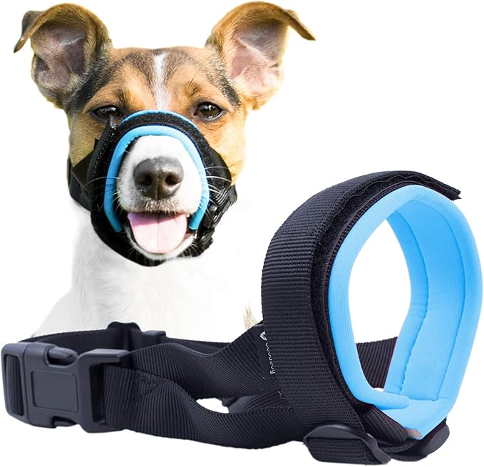 Gentle Muzzle Guard for Dogs - Prevents Biting and Unwanted Chewing Safely – New Secure Comfort Fit - Soft Neoprene Padding – No More Chafing – Training Guide Helps Build Bonds with Pet (XL, Blue)
