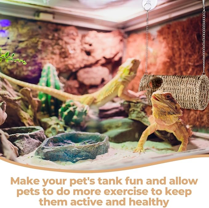CroBlissful Reptile Hide Cave Hollow Cave Hideout with 2 Pcs Suction Cup and Chain Gecko Hide Reptile Tank Decor Seagrass Fiber Climbing Toy for Lizard Snake Hermit Crab(Long Cylindrical,Pale Yellow)