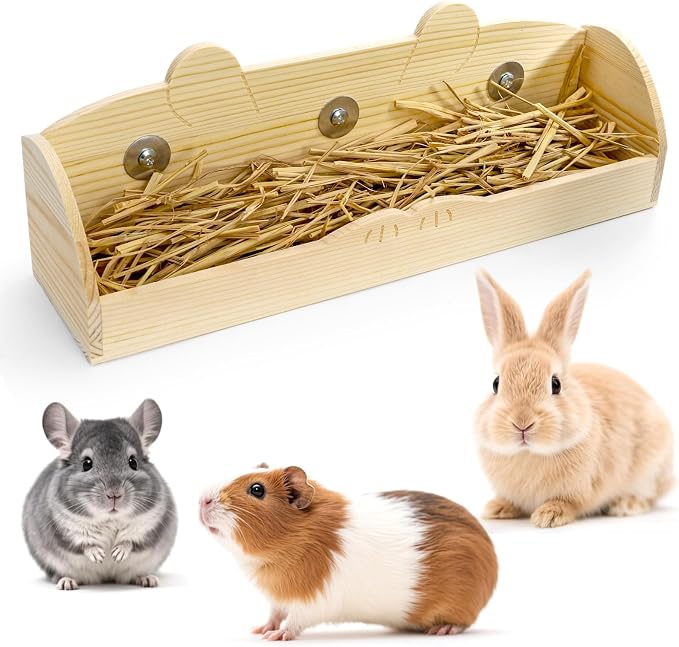 Hedume Rabbit Hay Feeder, Wooden Bunny Food Feeding Manger, Rabbit Hay Holder Less Wasted Food Dispenser for Guinea Pig, Chinchilla, Hamster