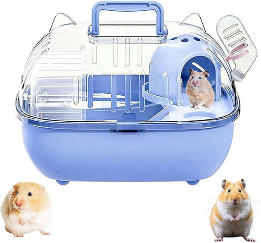 Portable Hamster Cage – 11" Cat Ear Shape Small Animal Habitat with Exercise Wheel, Water Bottle, Hideout House & Platform, Transparent Carrier for Hamsters, Gerbils, Mice