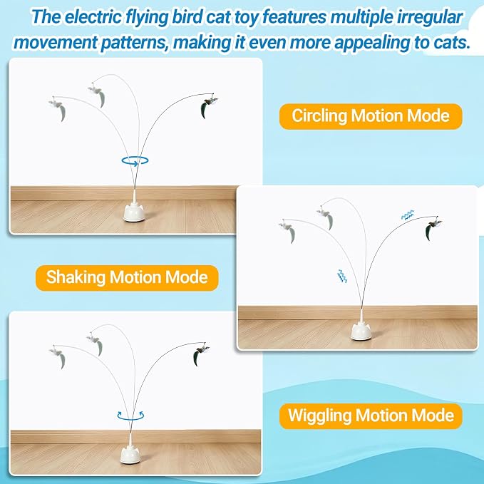 Interactive Cat Toys for Indoor Cats Toy Wand 360° Flying Bird Cat Toy | 2 Speed Adjustable Flying Bird Cat Toy Automatic Cats Toys with Self ON/OFF Feather Toy Suction Cup Electric Cat Teaser Wand